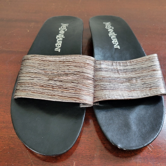 Yves Saint Laurent LSY low wedge slide on sandals neutral metallic black size 8 - Picture 2 of 9